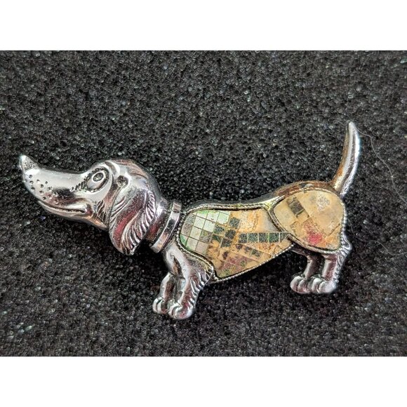 Vintage Dachshund Pin Brooch With Mosaic Inlay Design Made In Germany - Picture 2 of 5